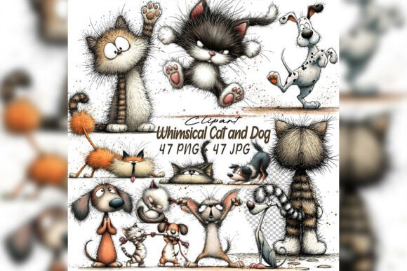 Download Whimsical Cat &amp; Dog Friends Clipart Set - Premium Resources